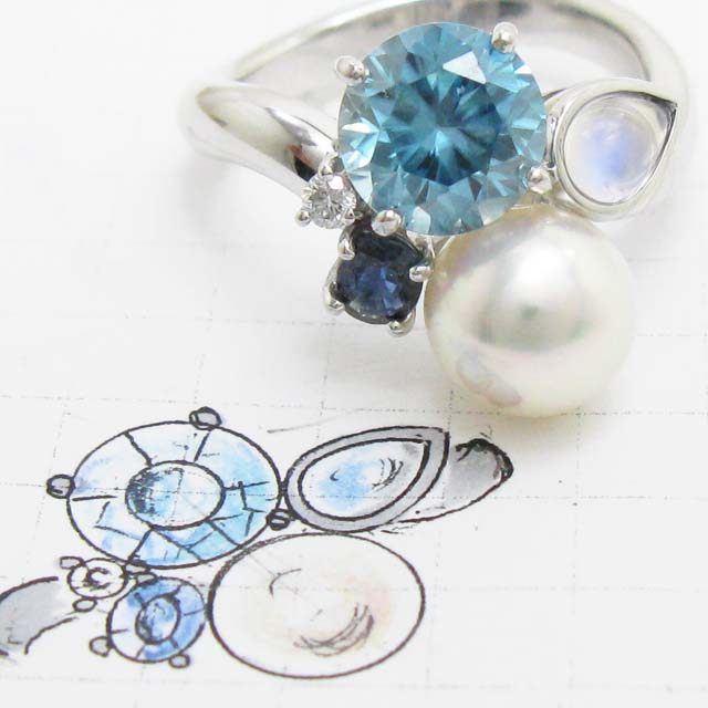 ブルー系複数の石を組み合わせたリング【リフォームCR067